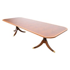 Georgian Banded Flame Mahogany Double Pedestal Dining Table, Newly Refinished