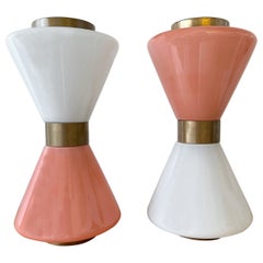 Pair of Diabolo Lamps Pink and White Murano Glass. Italy