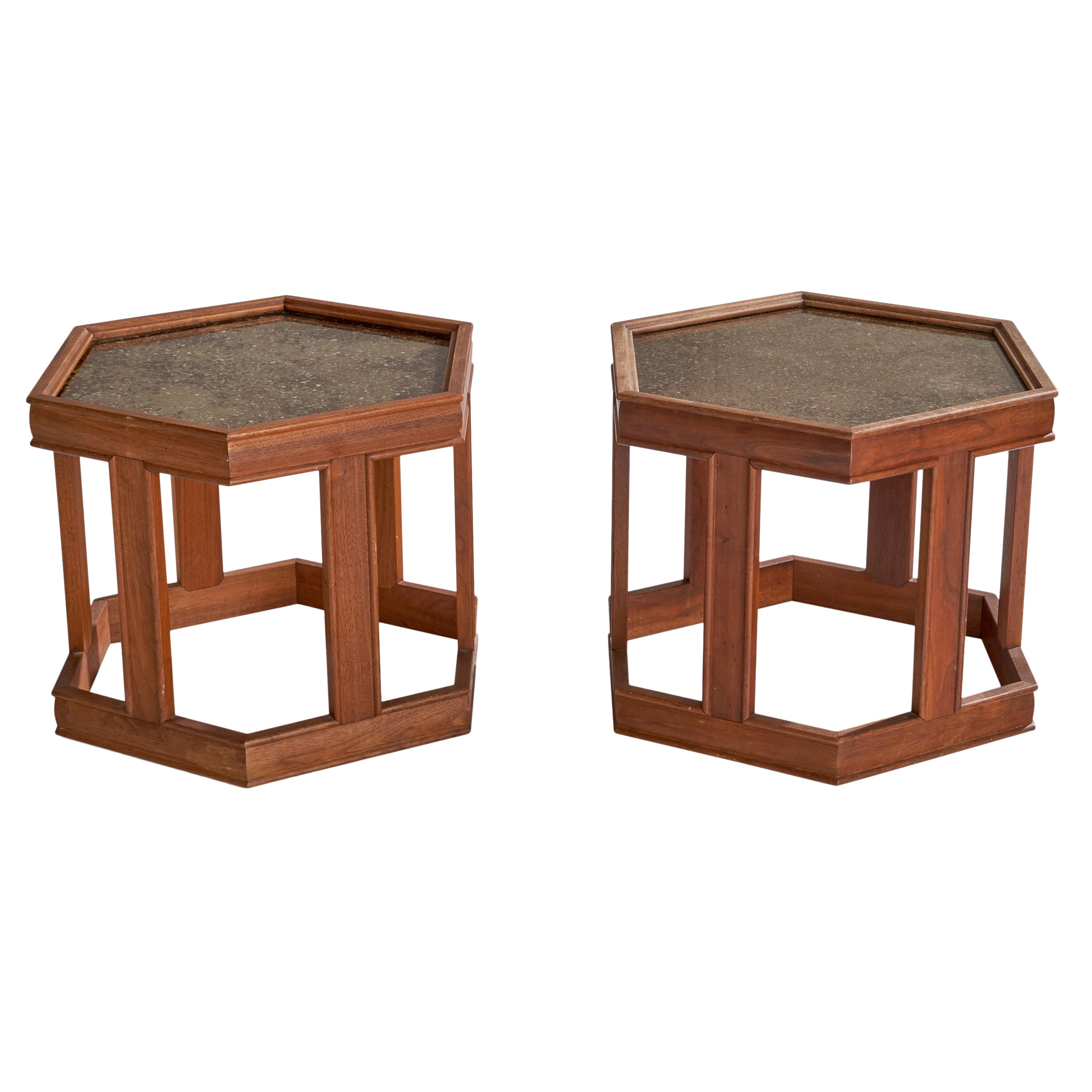 John Keal, Beistelltische, Nussbaum, Stein, Glas, USA, 1960er Jahre