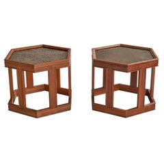 John Keal, Beistelltische, Nussbaum, Stein, Glas, USA, 1960er Jahre