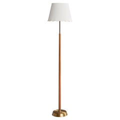 Lampada da terra di design svedese, ottone, teak, tessuto, Svezia, anni '50