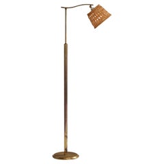 Vintage Danish Designer, Floor Lamp, Brass, Rattan, Denmark, 1930s