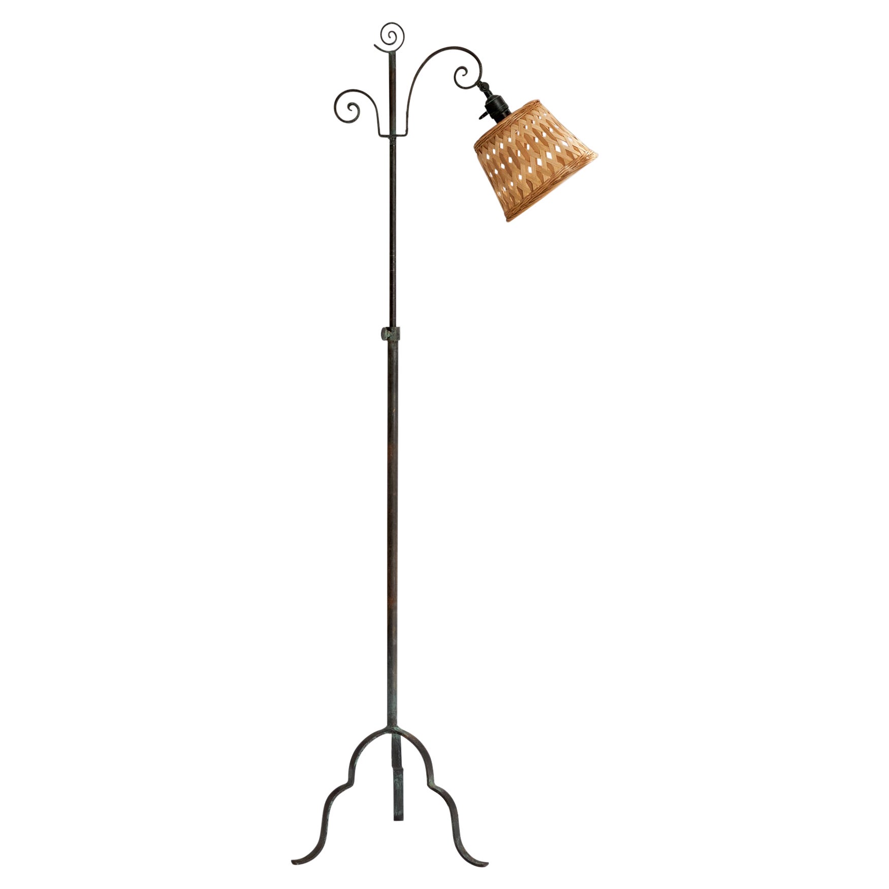 Harald Notini, Stehlampe, Schmiedeeisen, Rattan, Schweden, 1930er Jahre