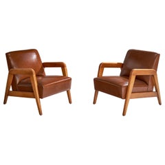 Attribuzione Russel Wright, Sedie da salotto, Wood, Pelle, USA, anni '40
