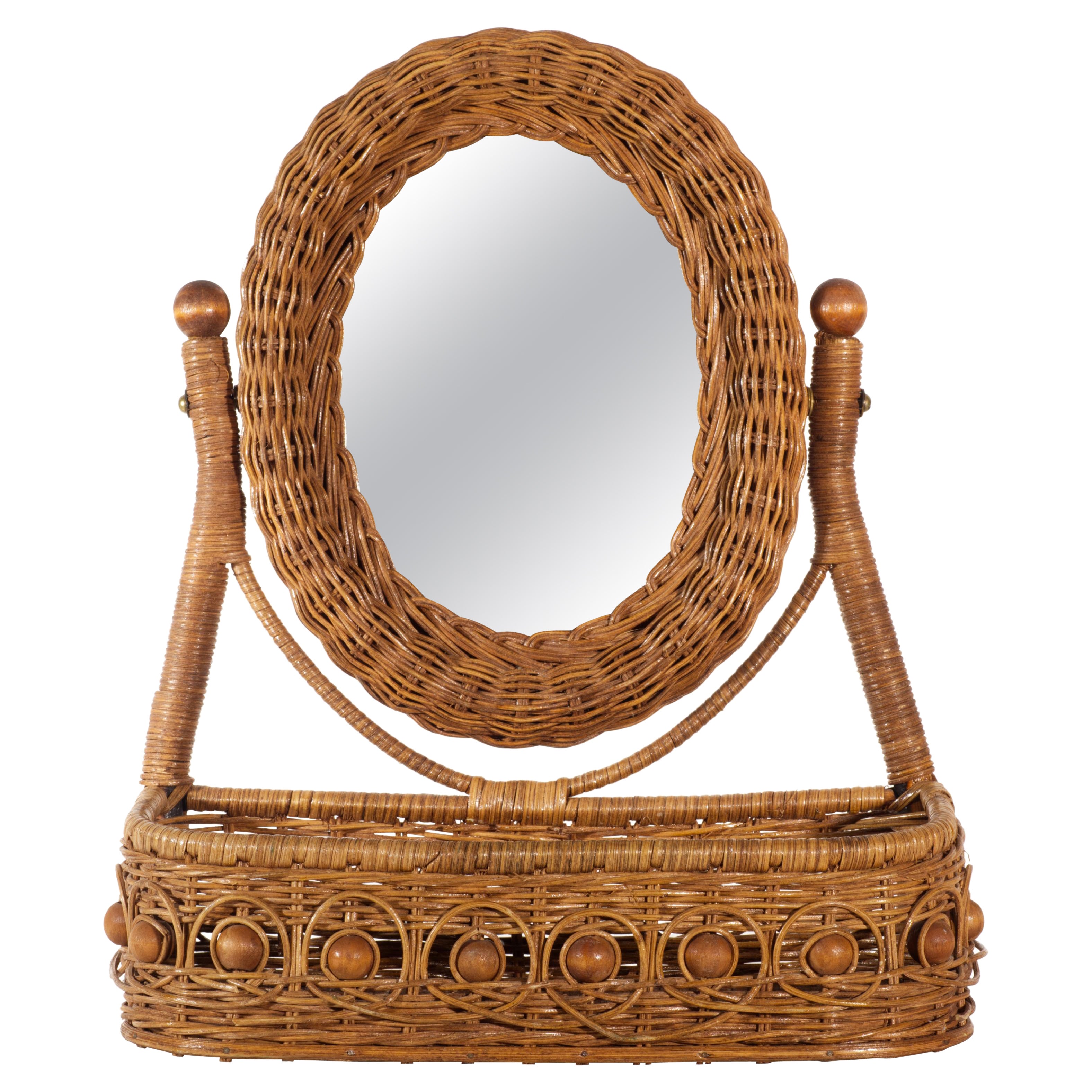 Specchio ovale vintage in vimini di rattan e Wood con vassoio portaoggetti
