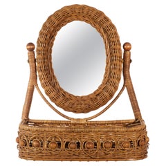 Vintage Rattan Wicker and Wood Oval Vanity Mirror with Storage Tray