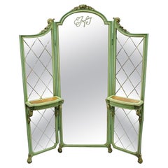 Antique French Louis XV Green Gold 3 Panel Folding Dressing Vanity Screen Mirror