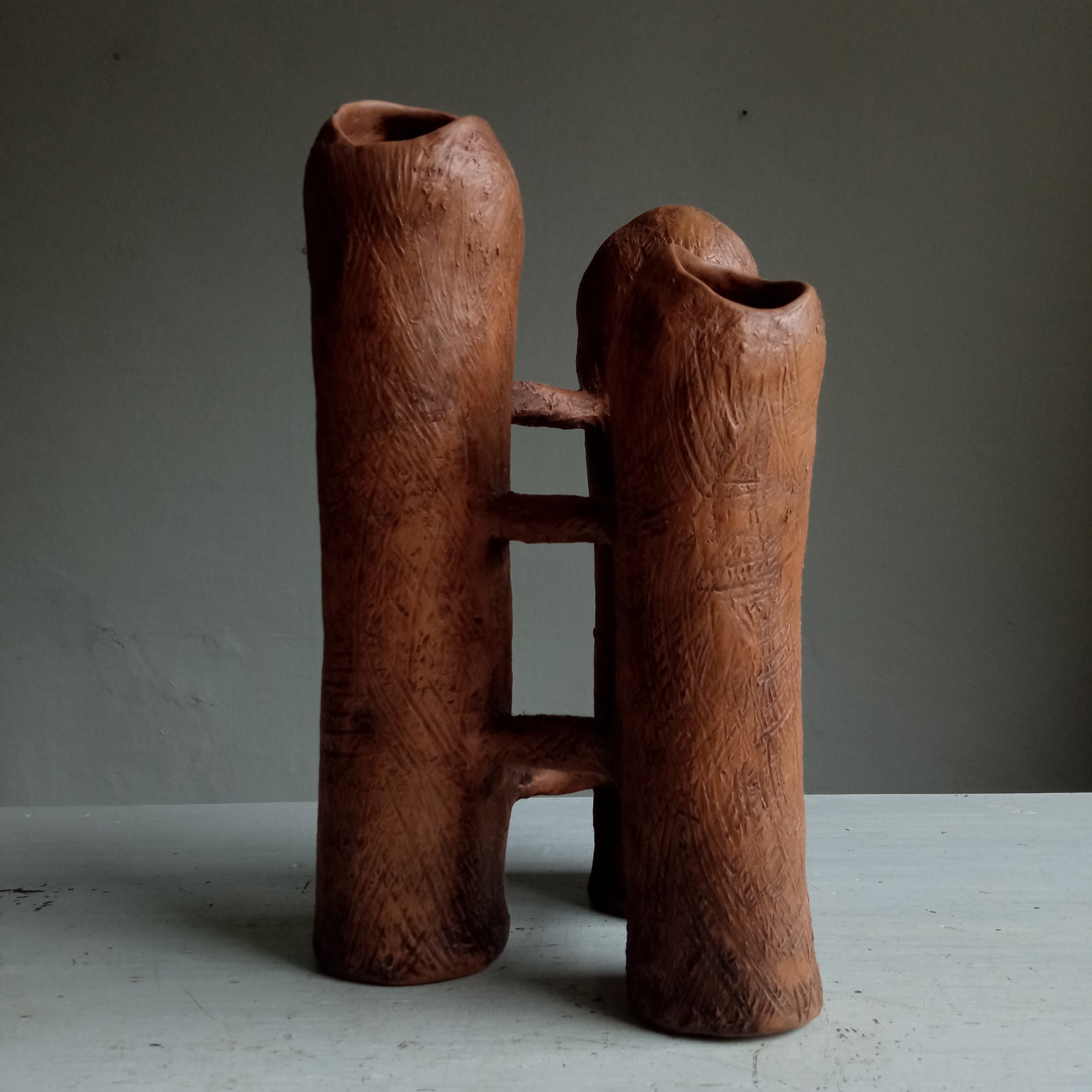 Communicating Vases 3 elements Brown in Terracotta XXI Century by Chiara Berta