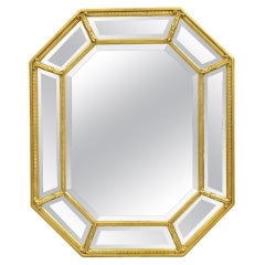 Vintage French Regency Style Octagonal Gold Tone Beveled Glass Wall Mirror