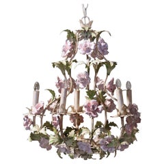 Early 20th Century French Metal and Porcelain Flowers Five-Light Chandelier