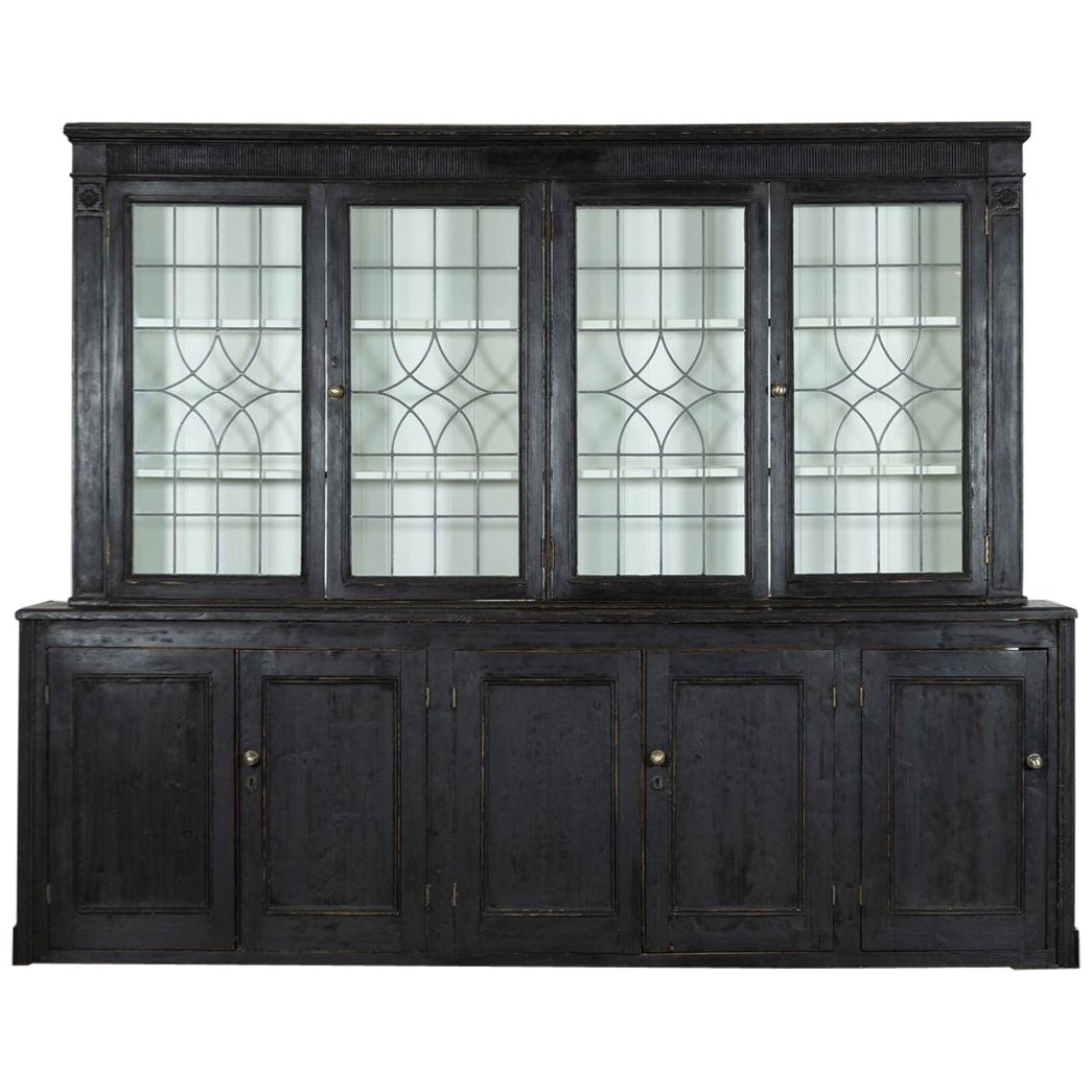19thC English Monumental Ebonised Pine Glazed Dresser