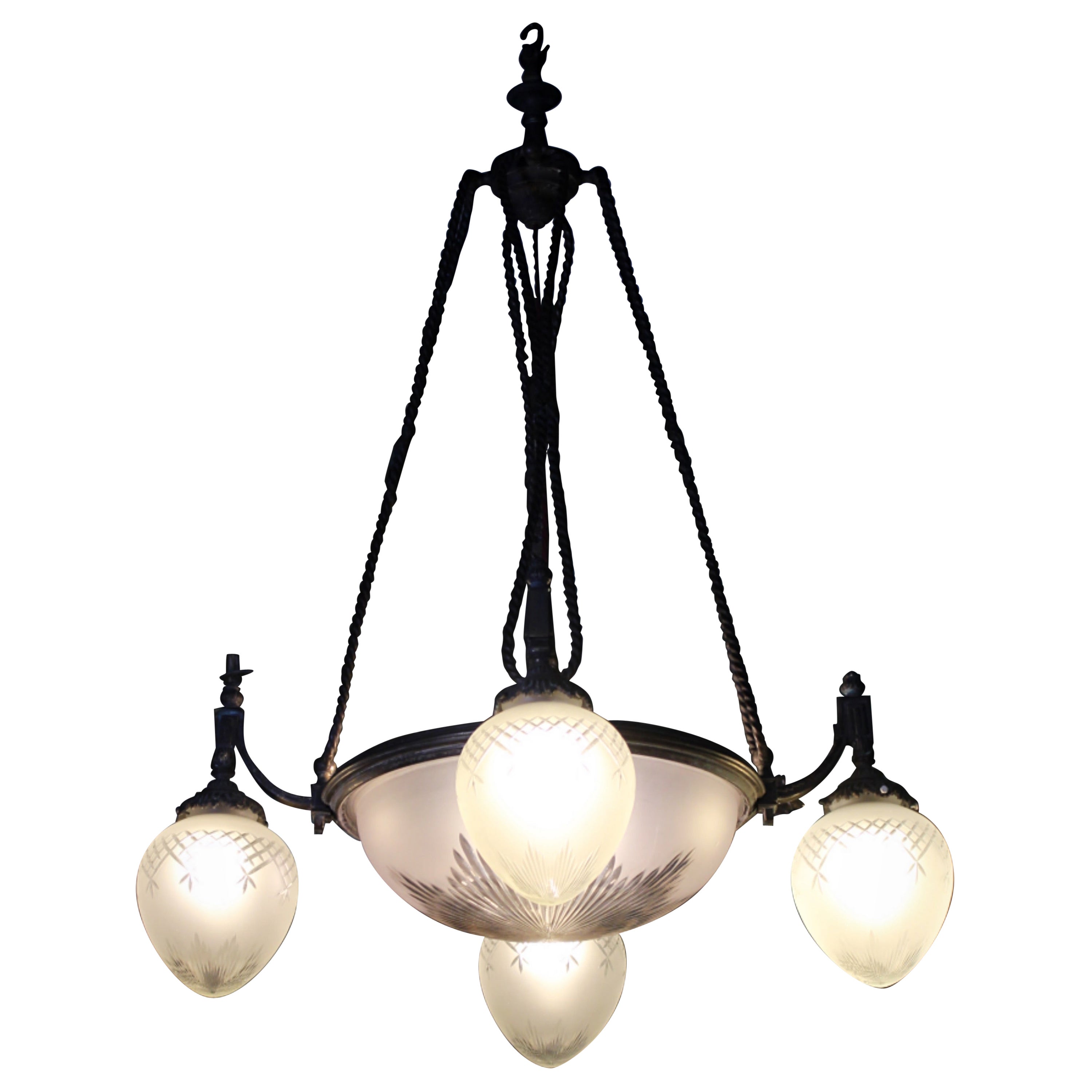 Large 19th C Regency Revival Bronze & Glass English Chandelier Pendant Light