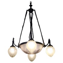 Antique Large 19th C Regency Revival Bronze & Glass English Chandelier Pendant Light