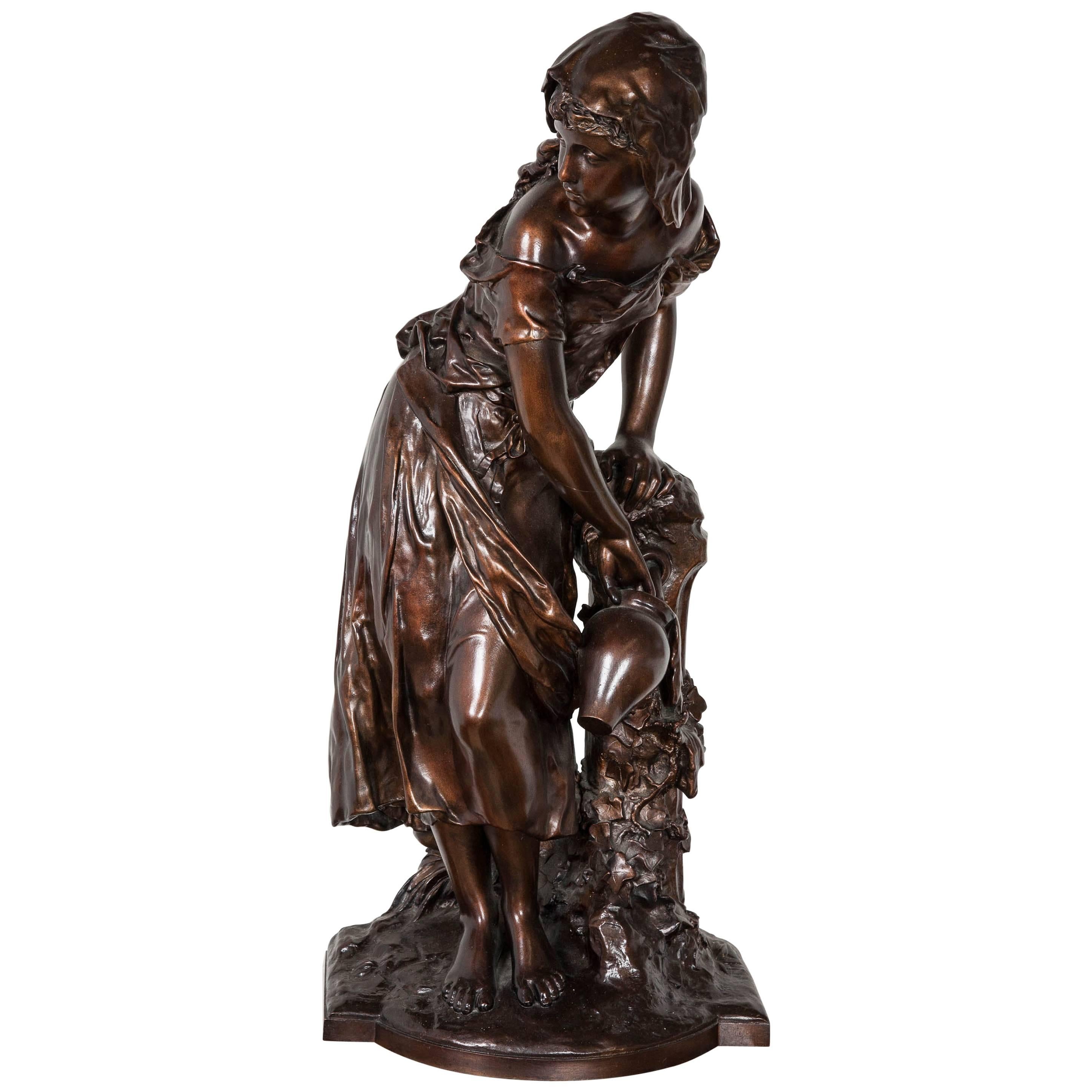 Bronze Figure of a Maiden Filling a Jug by a Fountain by Mathurin Moreau For Sale