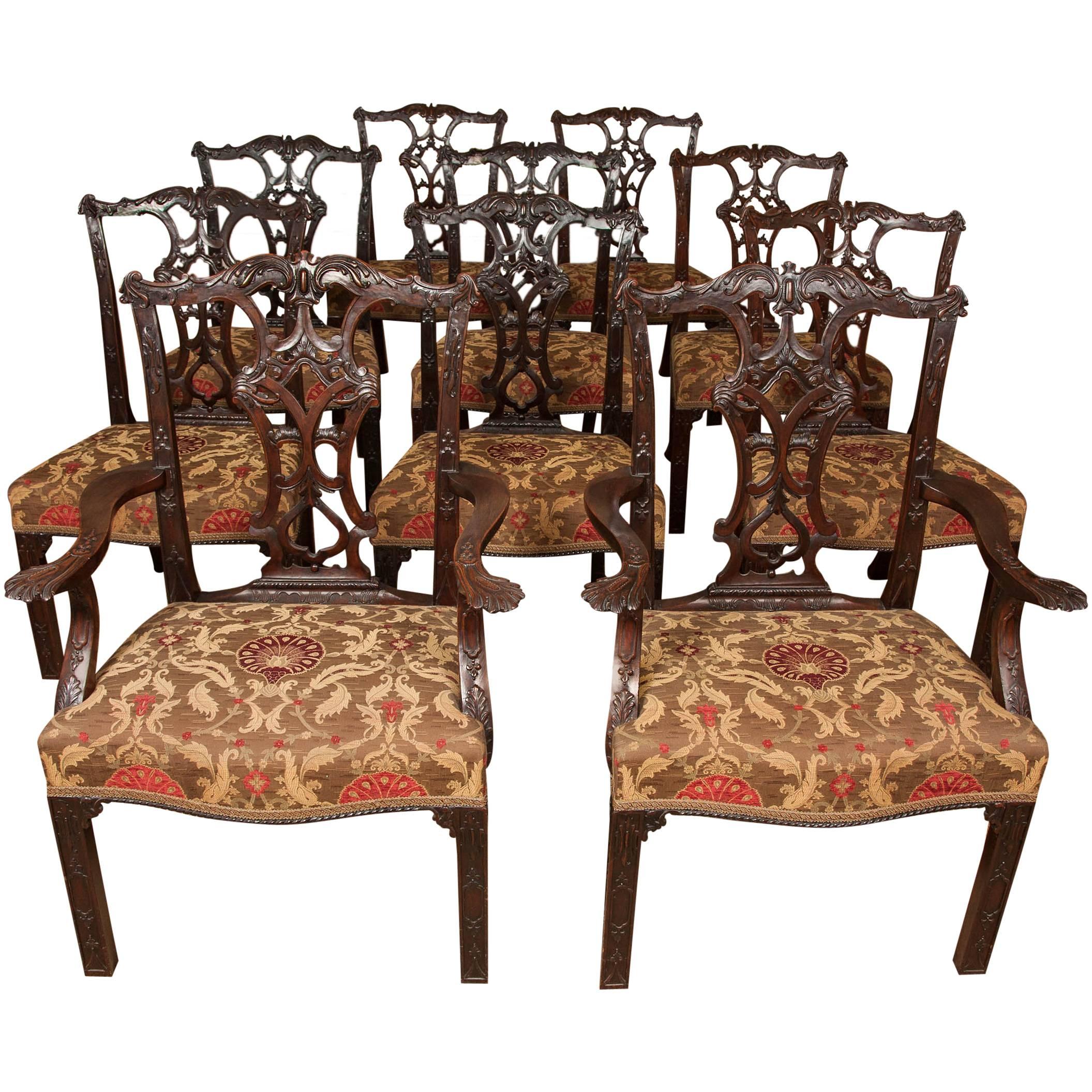 Chippendale style carved Mahogany Dining Chairs, 19th Century, Set of Ten (8+2) For Sale