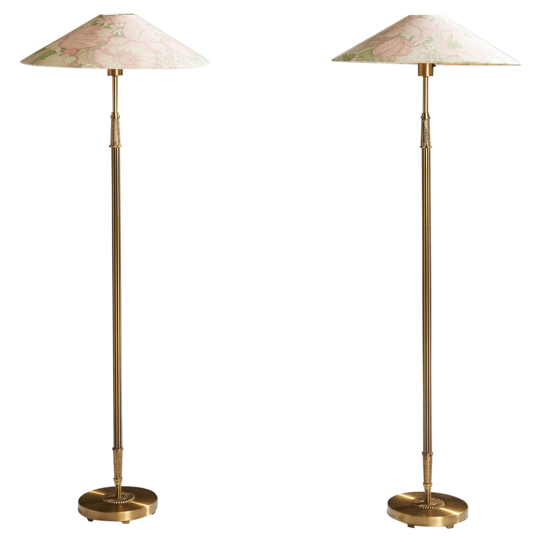 Einar Bäckström, Floor Lamps, Brass, Fabric, Sweden, 1950s