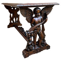 Antique French Side Coffee Sofa Table Carved Walnut Renaissance Cherub c1930