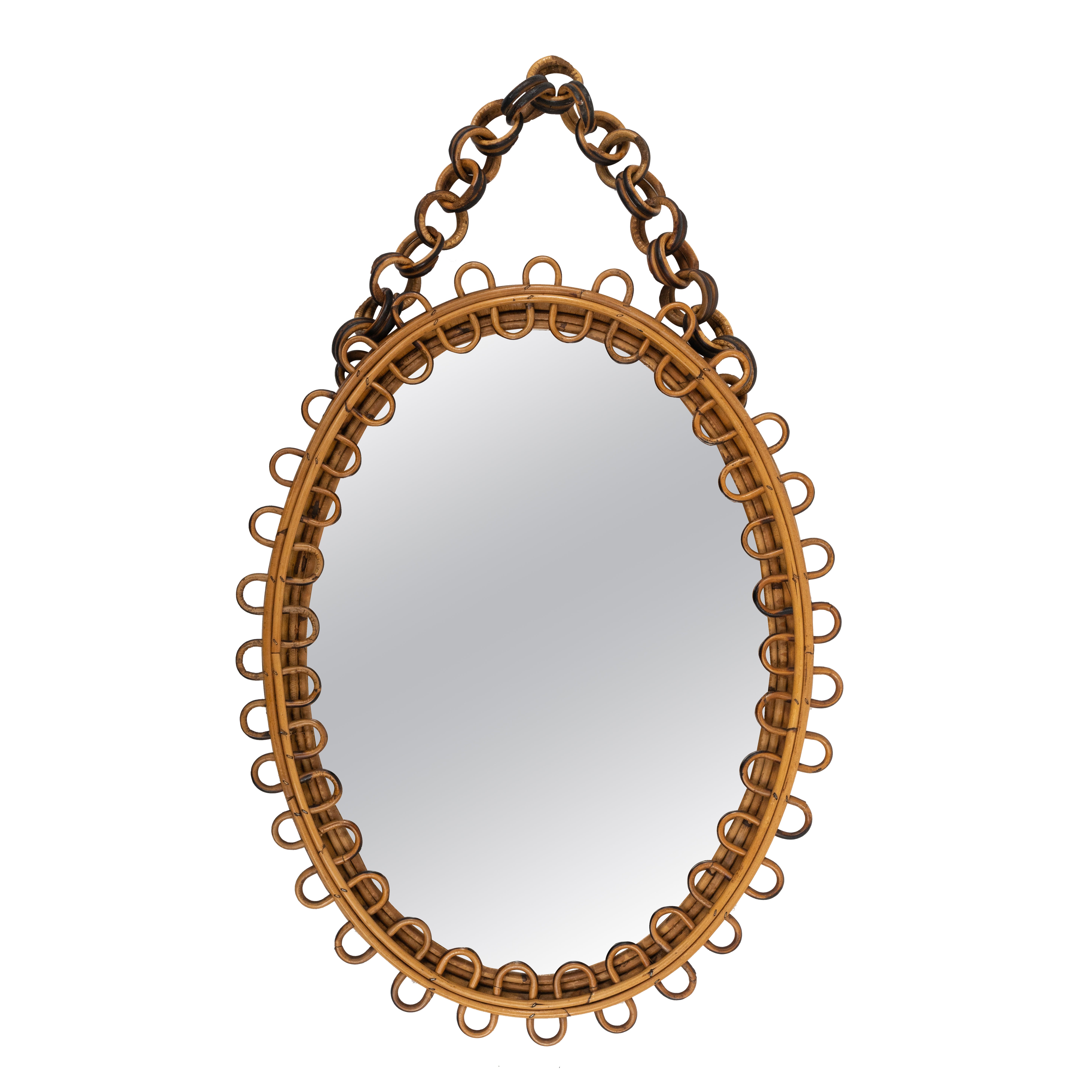 Midcentury Rattan and Bamboo Oval Wall Mirror Franco Albini Style, Italy, 1960s
