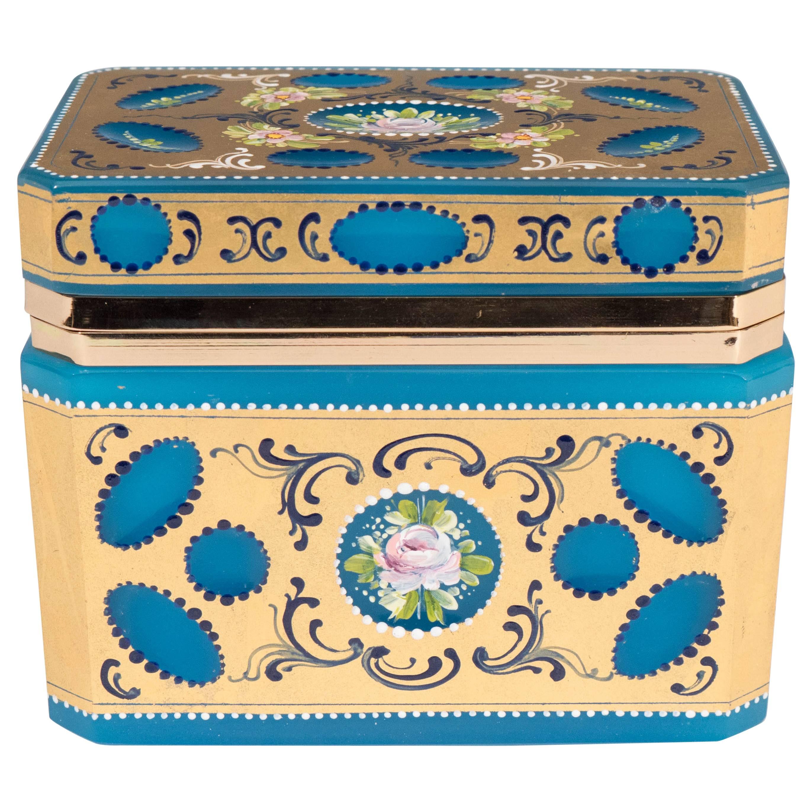 Mid-Century Hand-Painted & Gilded Blue Murano Glass Box