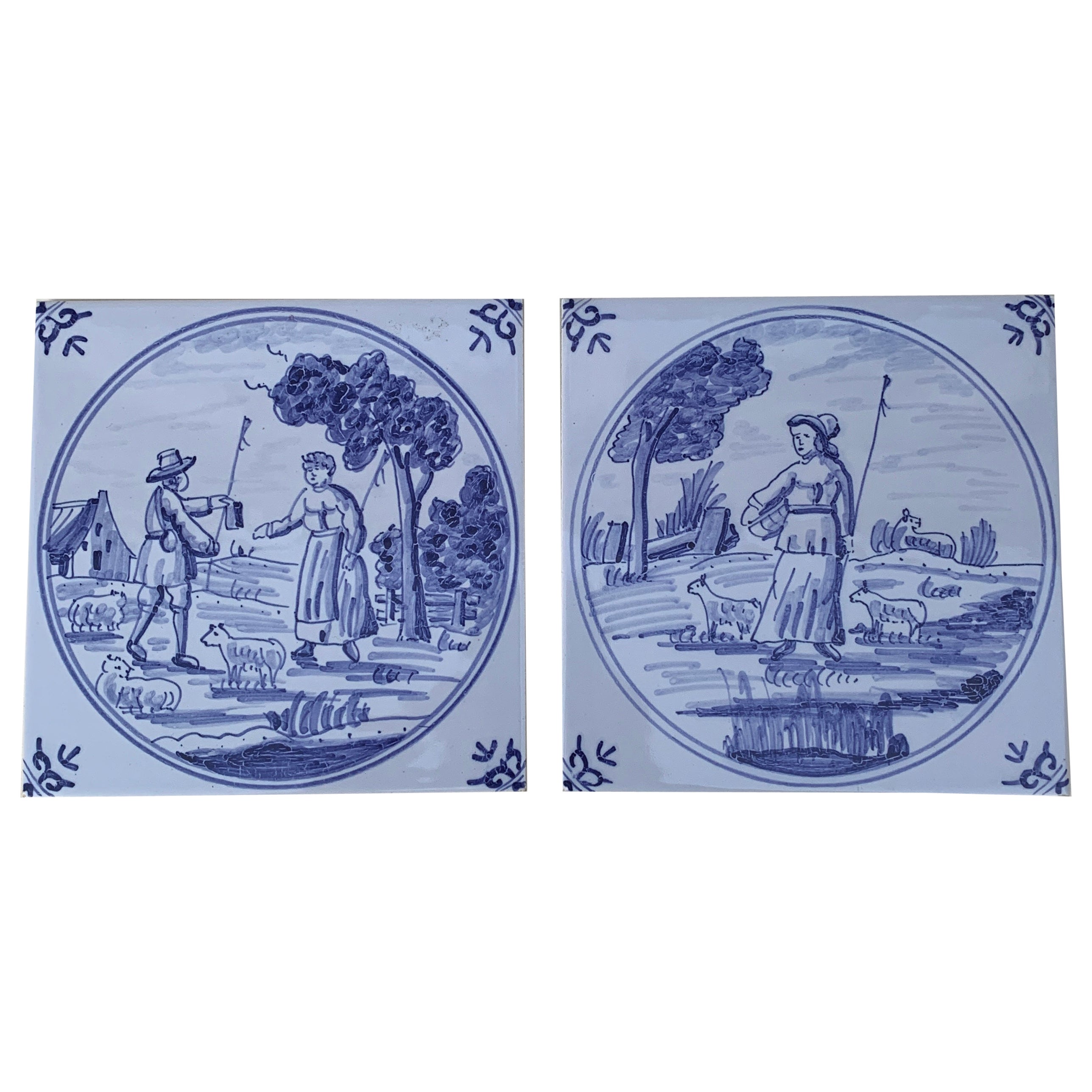Antike holländische Delft Stil Handwerker blau und weiß Fliesen, Paar