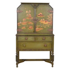 Chinoiserie Jacobean Green Lacquered Hand Painted Bookcase or Bar Cabinet, 1920s