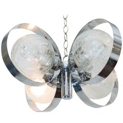 Italian 1970s Chrome Ring Chandelier with Crackle Glass Globes