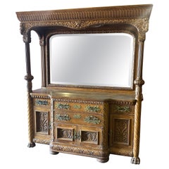 Antique Rare Figural Quarter Sawn Tiger Oak Victorian Breakfront Backbar Sideboard