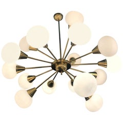 Striking Brass and Opaline Murano Glass Large Sputnik Chandelier Italy 1970'