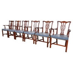 Hickory Chair Georgian Carved Mahogany Leather Upholstered Dining Arm Chairs