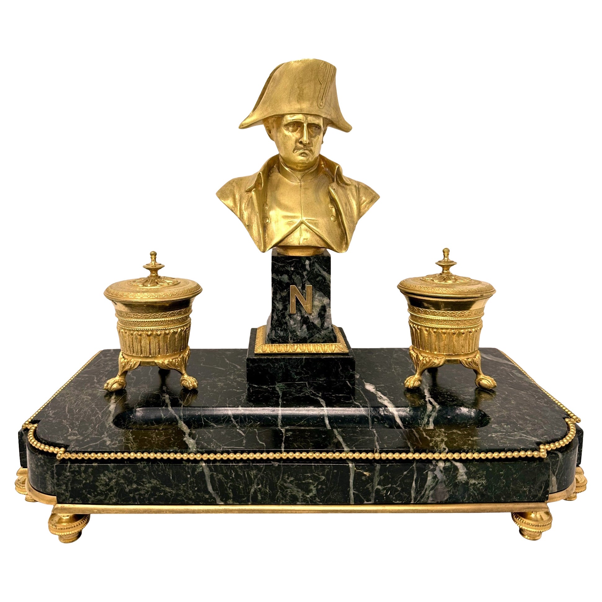 Antique French Bronze D' Oré and Green Marble Napoleon Inkstand, Circa 1880.