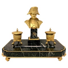 Antique French Bronze D' Oré and Green Marble Napoleon Inkstand, Circa 1880.