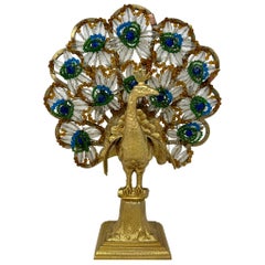 Antique French Art Deco Gold Bronze & Colorful Beadwork Peacock Lamp, Circa 1910