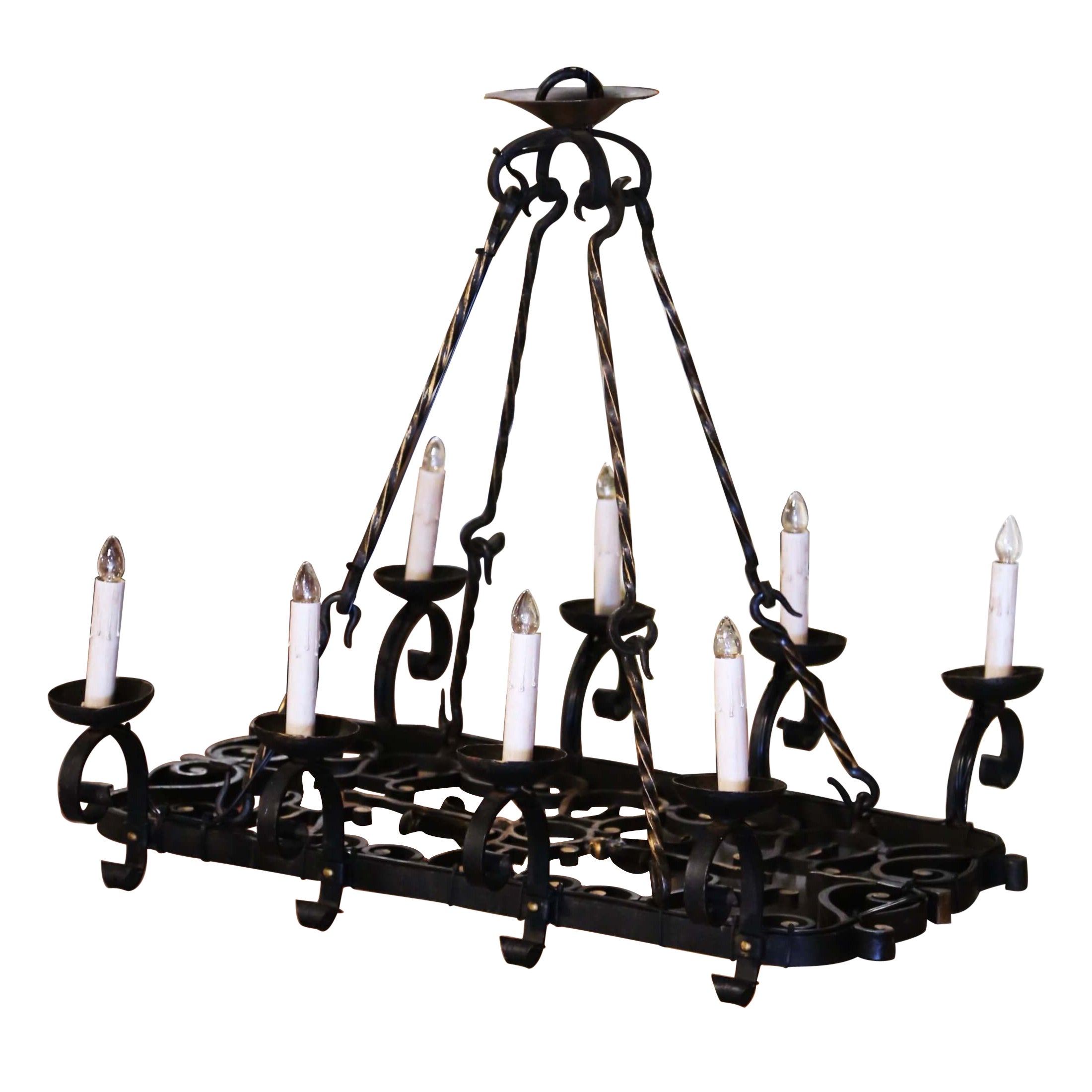 19th Century French Gothic Verdigris Flat Bottom Iron Eight-Light Chandelier
