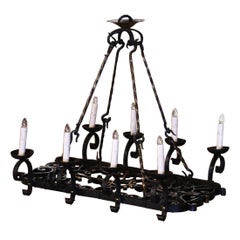 19th Century French Gothic Verdigris Flat Bottom Iron Eight-Light Chandelier