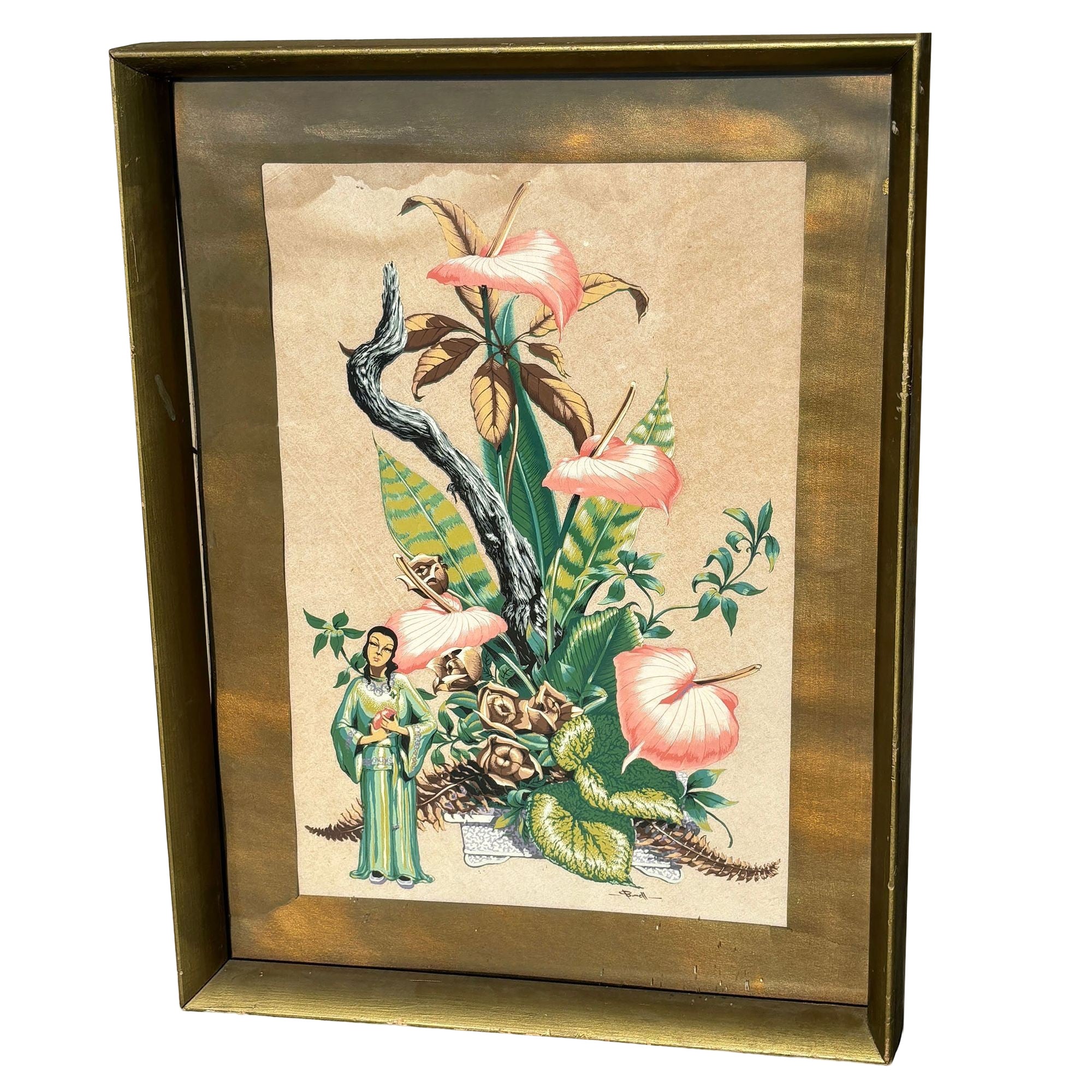 Framed Mid-century Asian Floral Inspired Watercolor Print by Bunell