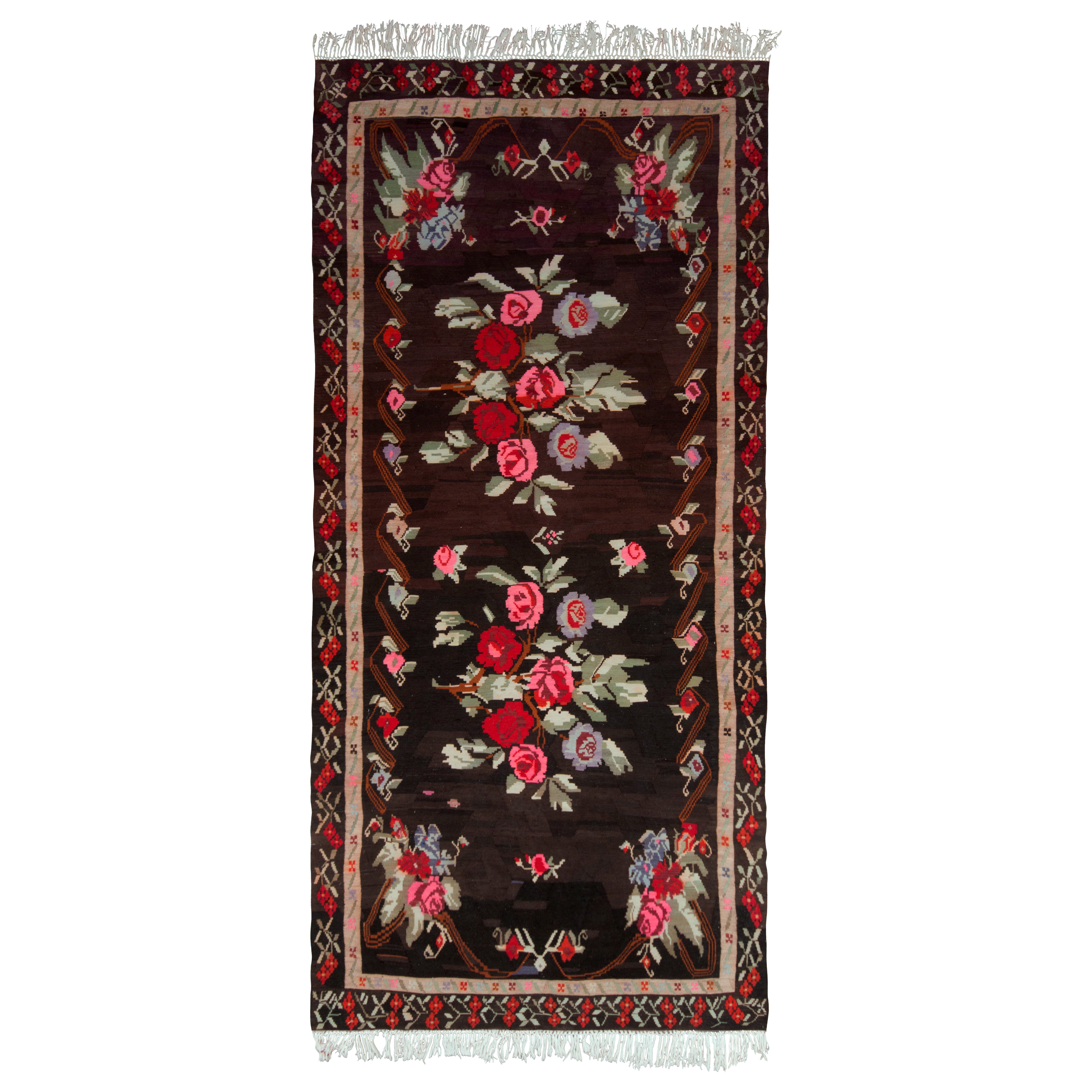 Midcentury Vintage Kilim Rug Black Red Floral Turkish Flat-Weave by Rug & Kilim