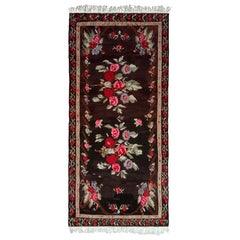Midcentury Vintage Kilim Rug Black Red Floral Turkish Flat-Weave by Rug & Kilim
