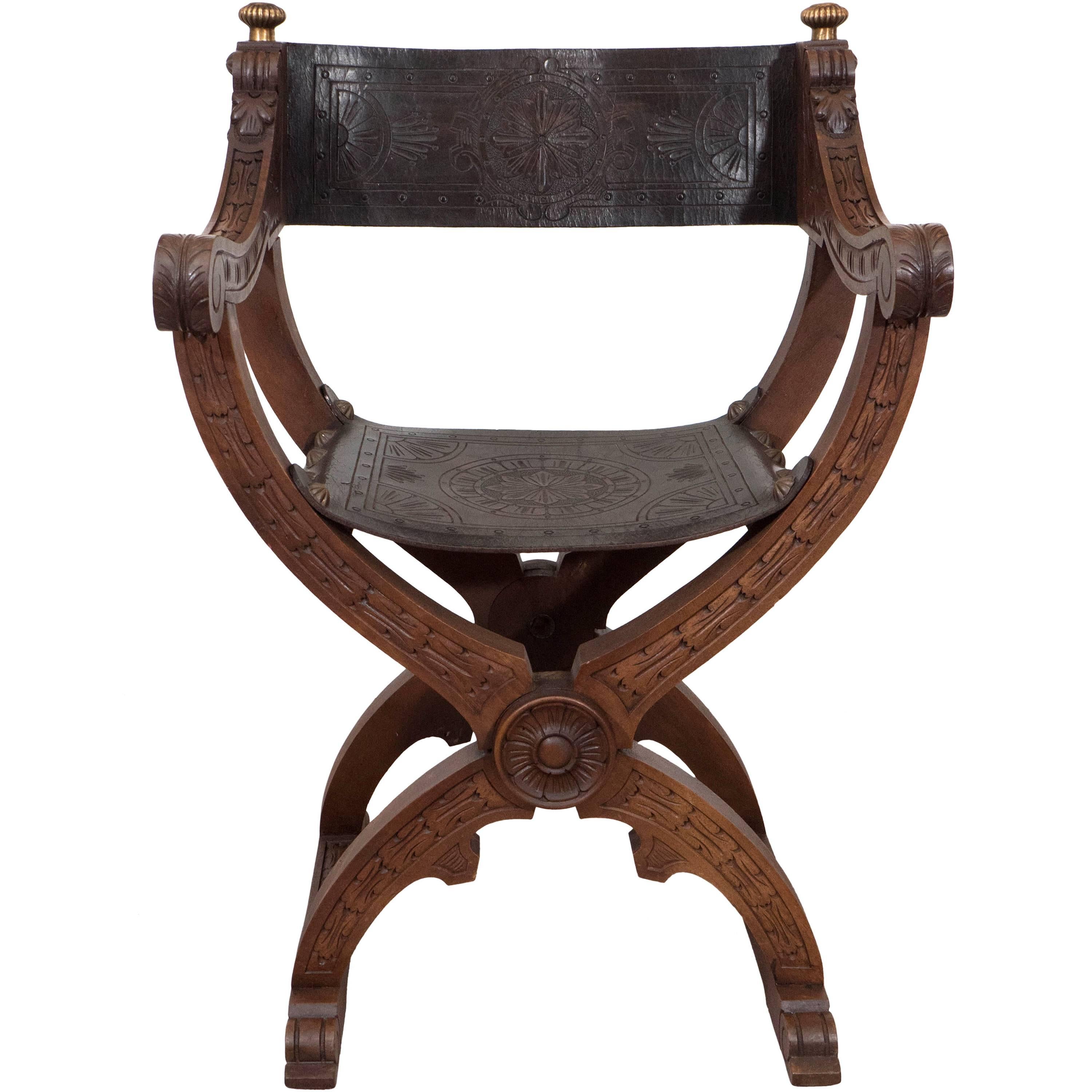 Mid-Century Italian Savonarola Folding Armchair in Carved Walnut and Leather