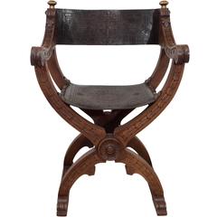 Retro Mid-Century Italian Savonarola Folding Armchair in Carved Walnut and Leather