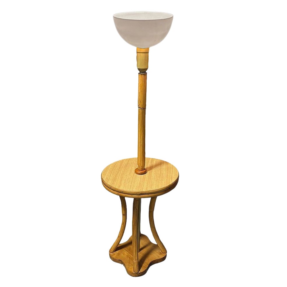 Restored Rattan & Mahogany Hourglass Side Table Torchiere Floor Lamp