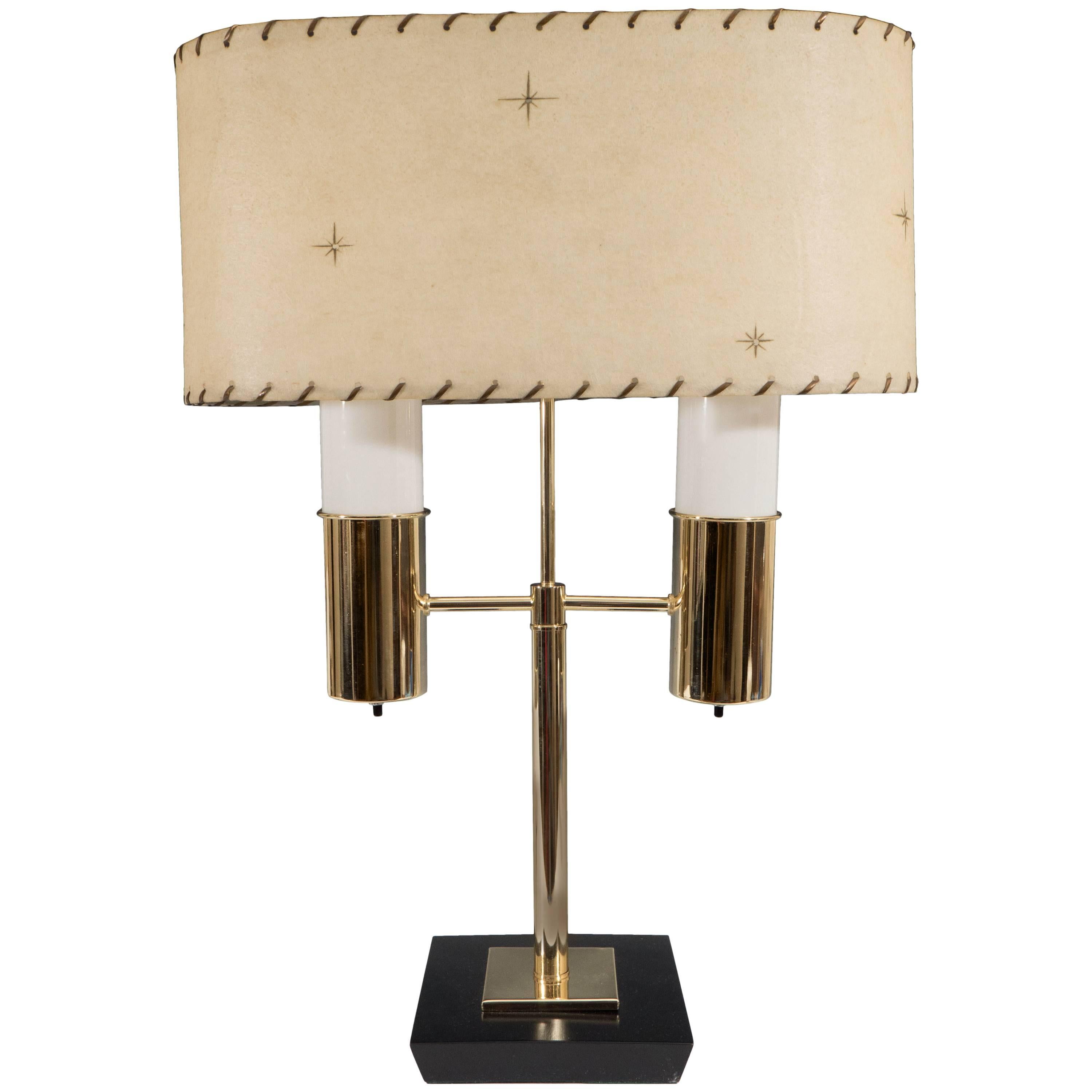 Rare Dual Light Table Lamp with Milk Glass Adornments & Parchment Shade