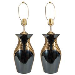 Pair of Art Deco Black Lamps with Fan Motif 4