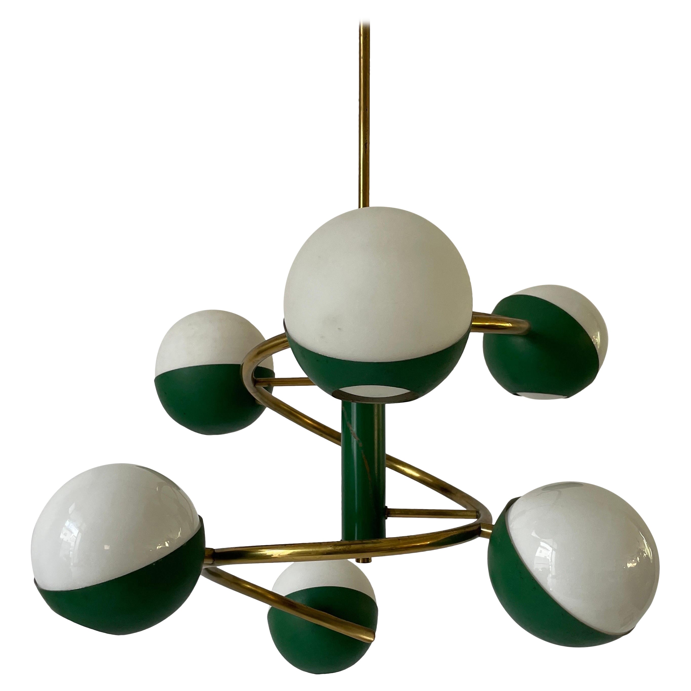 Plafonnier à 6 branches en laiton vert Attribué à Stilnovo, années 1960, Italie