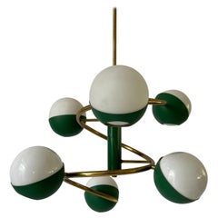 6 Arms Green Brass Ceiling Lamp Attributed Stilnovo, 1960s, Italy
