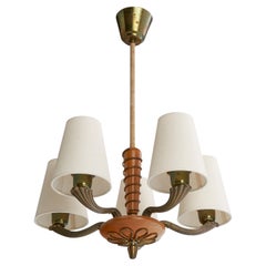 Swedish Designer, Chandelier, Brass, Wood, Fabric, Sweden, 1940s