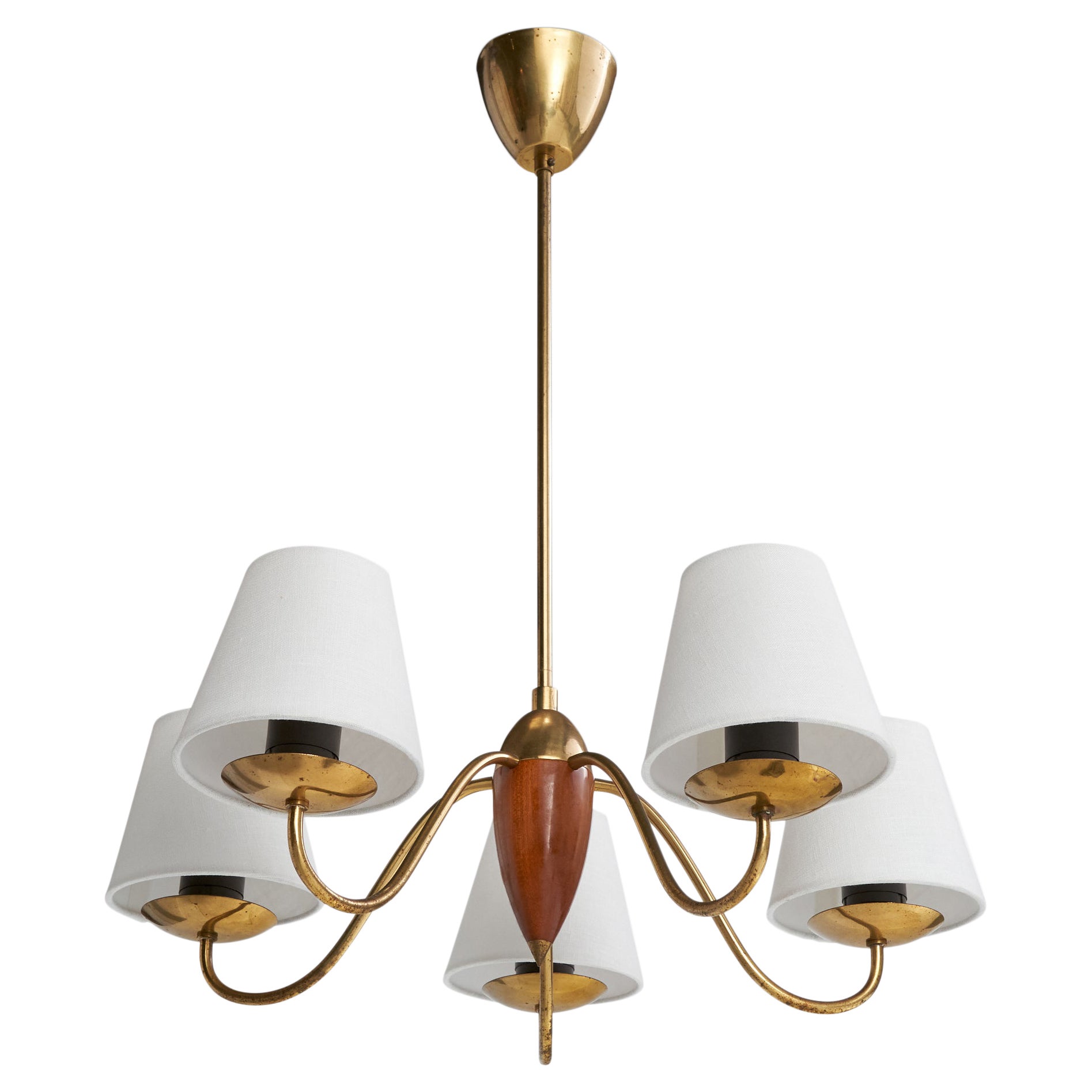 Swedish Designer, Chandelier, Brass, Wood, Fabric, Sweden, 1940s