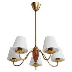 Swedish Designer, Chandelier, Brass, Wood, Fabric, Sweden, 1940s