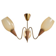 Lampadario di design svedese, teak, ottone, vetro, Svezia, anni '50
