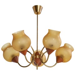 Swedish Designer, Chandelier, Brass, Teak, Glass, Sweden, 1950s