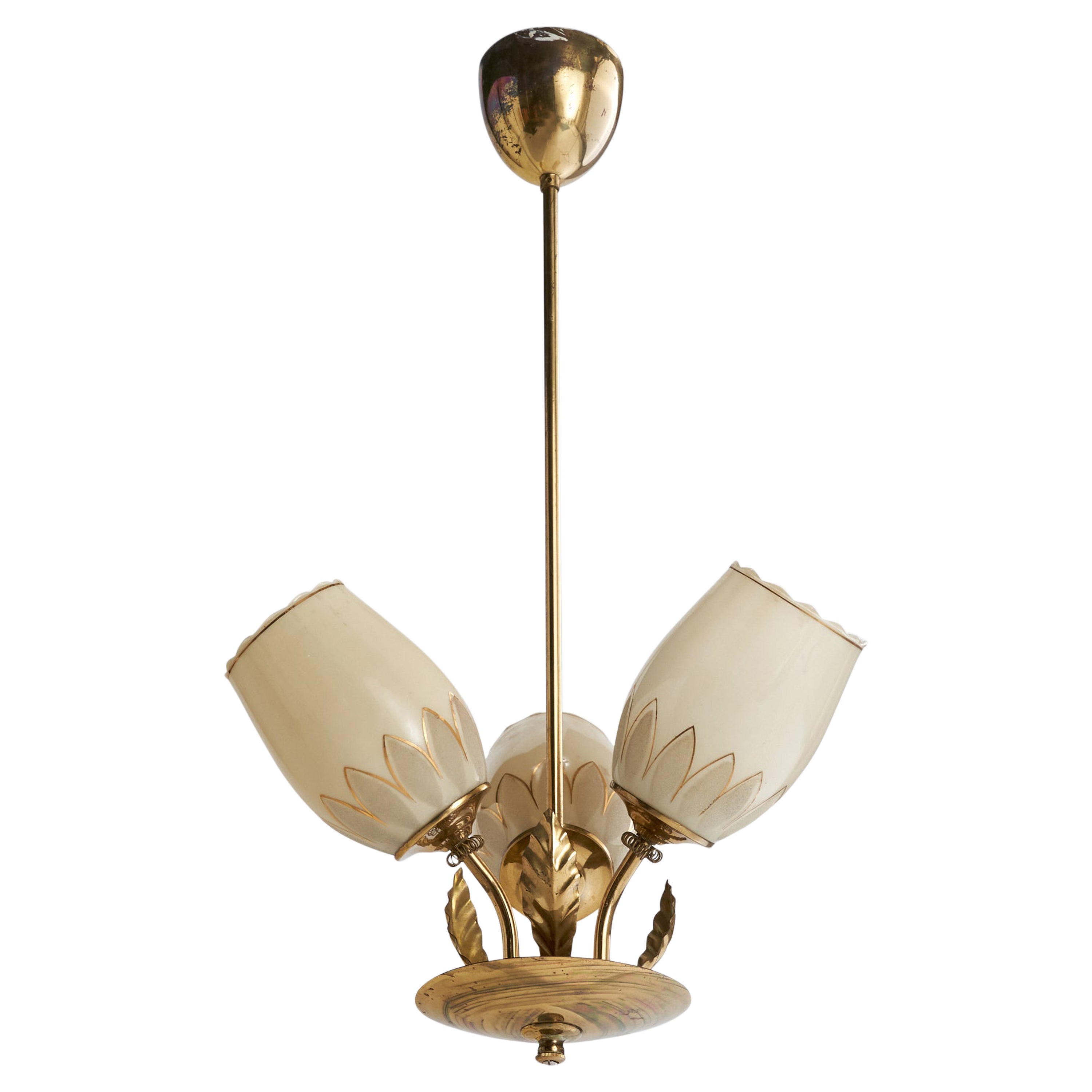 Finnish Designer, Chandelier, Brass, Glass, Finland, 1940s